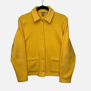 LL Bean Womens Fleece Jacket Yellow Button Front Collared Pocket Medium Regular